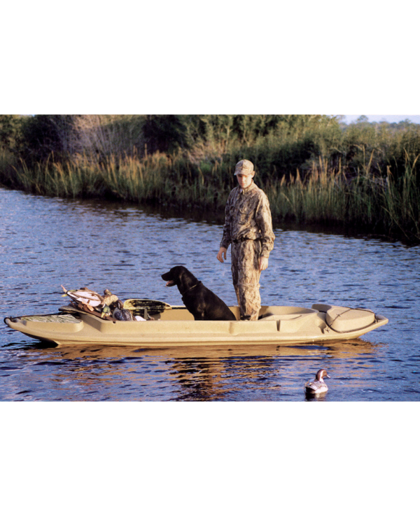 Beavertail Man and Dog Duck Hunting in a Stealth 2000 Sneak Boat/Kayak Marsh Brown