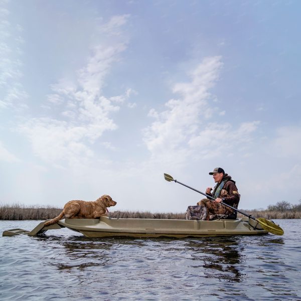 Beavertail Man and Dog on Lake Duck Hunting on Stealth 2000 Sneakboat/Kayak Lifestyle with Dog Ramp and 9 ' Paddle