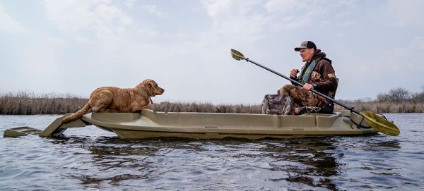 Beavertail Man and Dog on Lake Duck Hunting on Stealth 2000 Sneakboat/Kayak Lifestyle with Dog Ramp and 9 ' Paddle