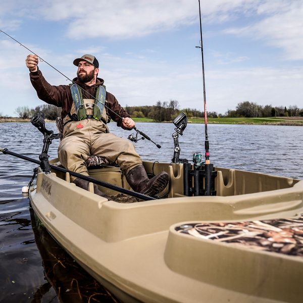 Beavertail Man Fishing in Stealth 2000 Sneak Boat/Kayak with Cushioned Swivel Folding Seat