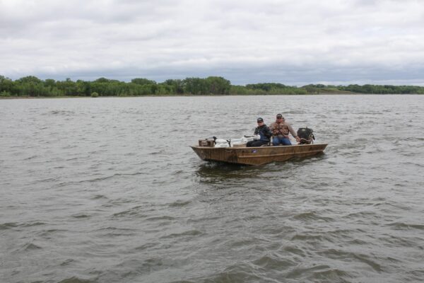 Beavertail Two Men on Lake in 20' Custom Aluminum Flat Bottom Boat Lifestyle